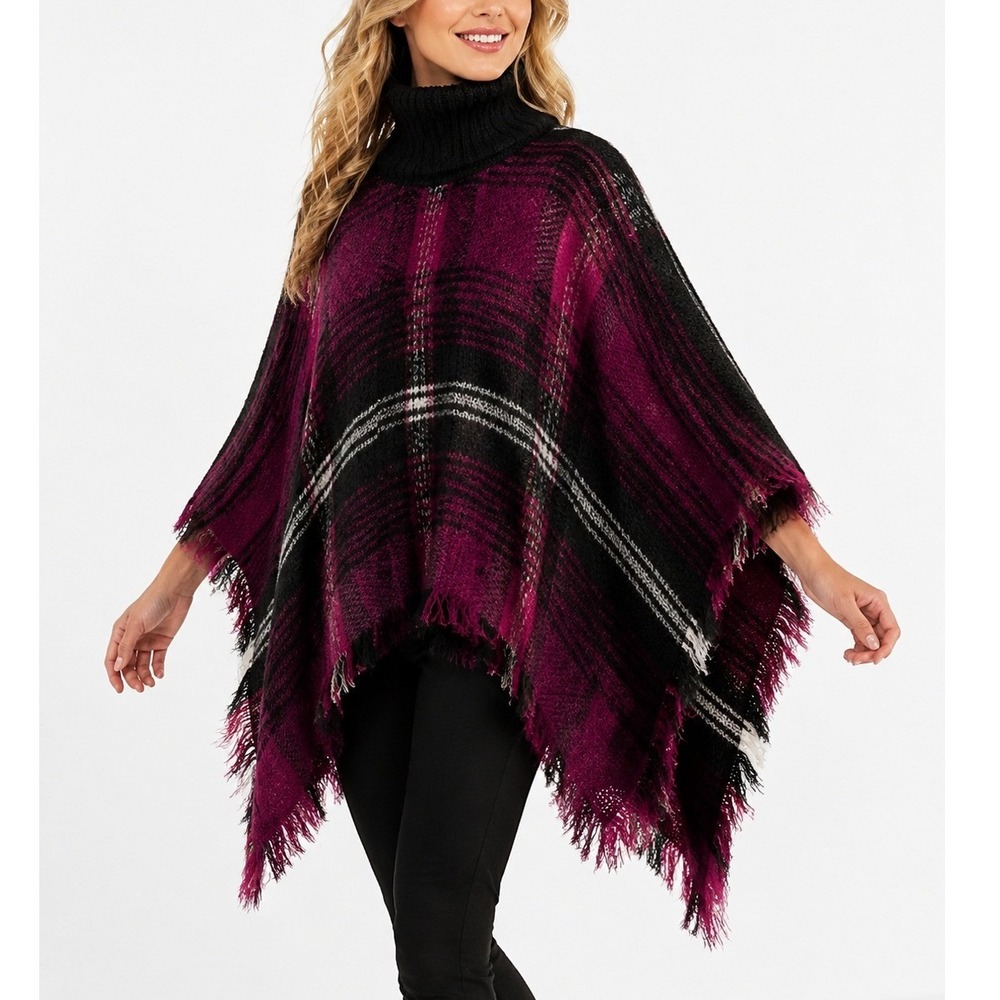Women's Burgundy Black White Striped Knit Poncho S/M Turtleneck Fringe Boho Cape